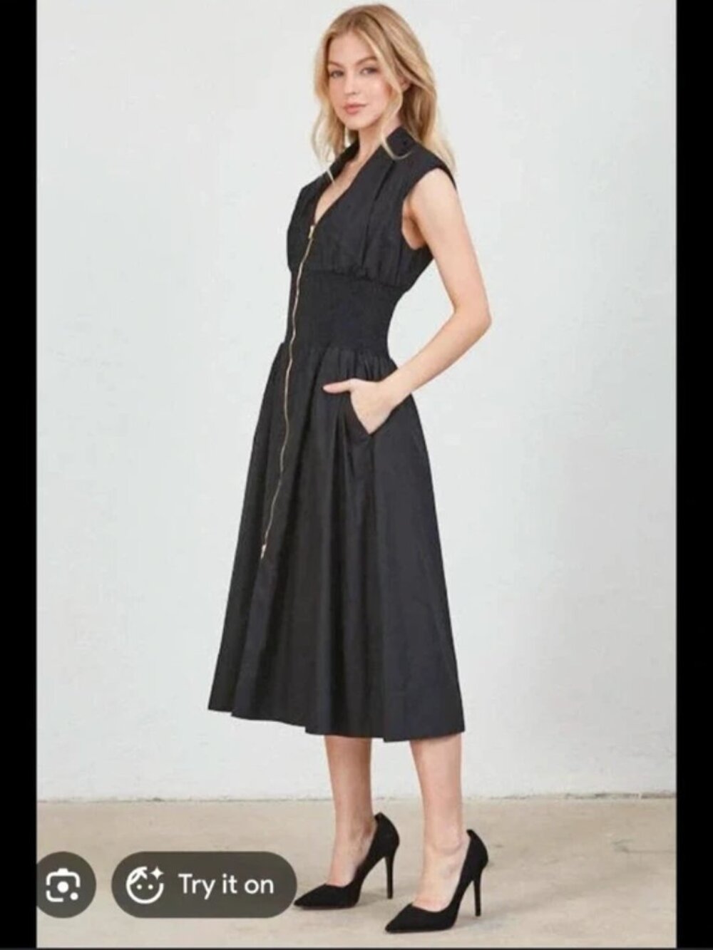 NEW Little Black Midi Dress Smocked Stretchy Zipper Front Pockets Women's MEDIUM